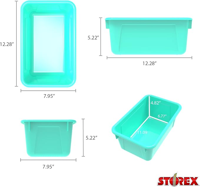 Storex Small Cubby Bins – Plastic Storage Containers for Classroom with Non-Snap Lid, 12.2 x 7.8 x 5.1 inches, Teal, 5-Pack (62412A05C)