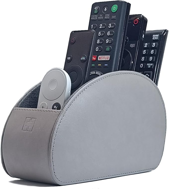 Remote Control Holder with 5 Compartments, Grey PU Leather Office Organization Storage Caddy Box for TV Remote, Heater Controllers, Media Player, Office Supplies, Makeup Brushes CEG10