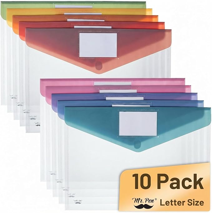Mr. Pen- Clear Plastic Envelopes File Folders, 10 Pack, A4, Letter Size, Colorful Flaps, Clear Folders for Documents Plastic Poly Envelopes with Label for School, Home, Work, Office, Organizer