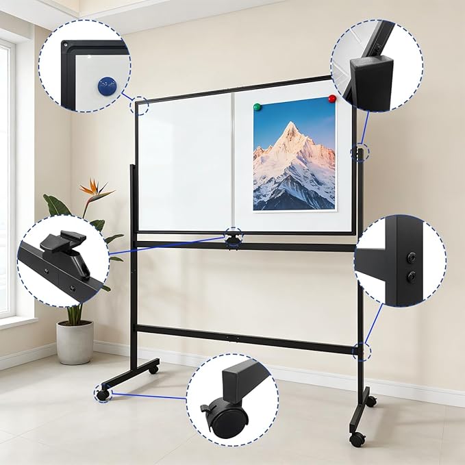 Mobile Whiteboard 48” × 32” with Rolling Stand, Double Sided Dry Erase Board on Wheels, Adjustable Height & 360° Rotation, White Frame for Office Classroom Home