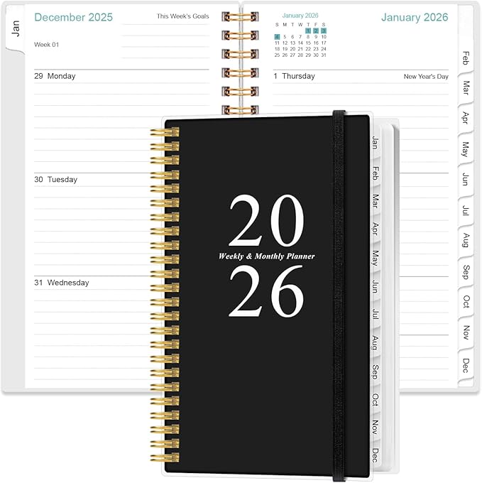 2026 Pocket Planner/Calendar - 2026 Planner from January 2026 - December 2026, Planner 2026 with 12 Tabs, Twin-Wire Binding, Inner Pocket, 3.75" x 6.75, Black