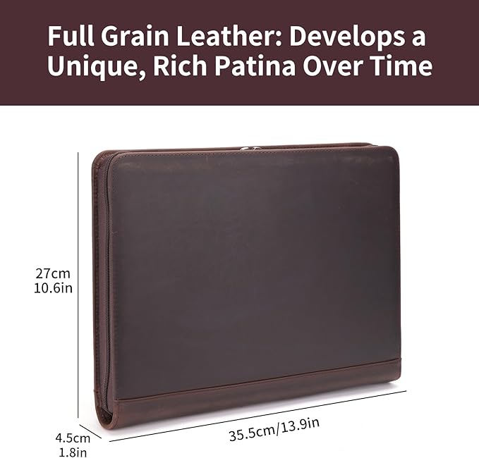 Genuine Leather Portfolio for Women and Men, 8.5 x 11 Legal Pad Padfolio, Zippered Notebook Organizer for 13” Laptop, Business Executive Professional Folio for Work, Dark Brown