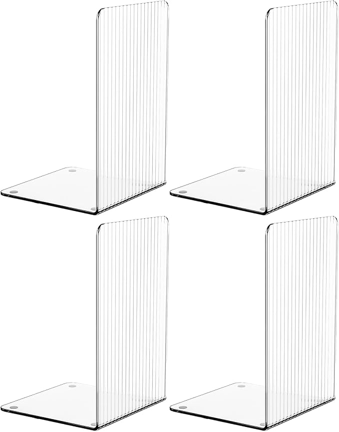 SUOXING 4 PCS Clear Acrylic Bookends for Shelves Decorative,Invisible Book Stopper with Non-Slip Mats for Heavy Books,Small Acrylic Book Ends for Home Office School Supplies and Kids Bookshelf