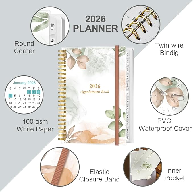 2026 Appointment Book & Planner - 2026 Daily Hourly Planner from January 2026 - December 2026, Weekly Appointment Book with 30-Minute Interval, Medium 6.4" x 8.5", Rose Leaf