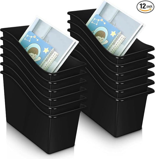 Fuutreo 12 Pieces Book Bins for Classroom Plastic Binder Holder Magazine Stuff Folder File Organizer Box for Home Office School Supplies (Black)