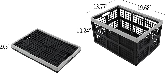 Hespama 4-Pack 42 L Plastic Collapsible Storage Crate, Folding Milk Crate | Stackable Storage Basket, Foldable