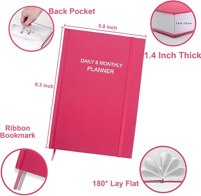 Daily & Monthly Planner for 2026 or Anytime - ADHD Planner Two Pages Per Day, Daily Planner Undated to Increase Focus, Eliminate Overwhelm, Achieve Your Biggest Goals, 5.8'' × 8.3'', Pink