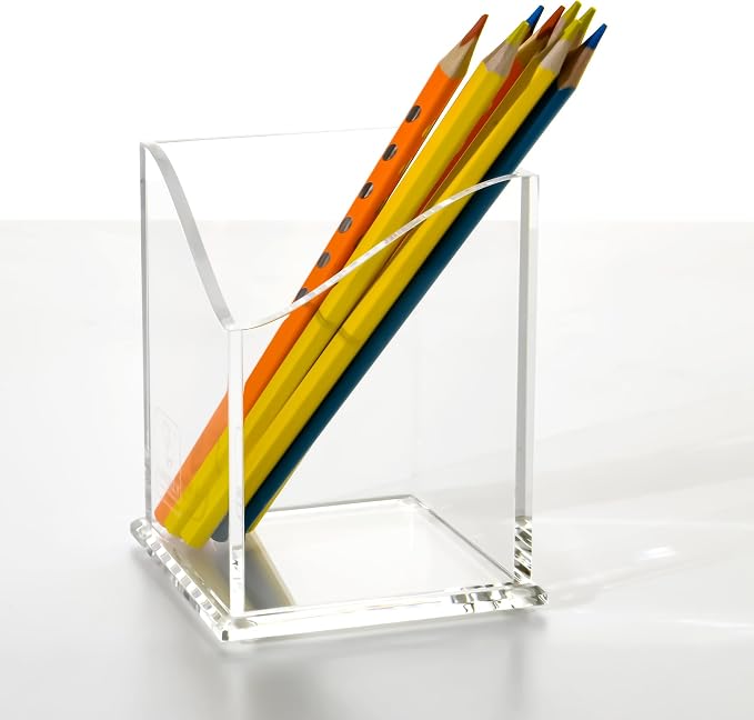 Clear Acrylic Pencil Pen Holder Cup, Desk Accessories Holder,Makeup Brush Storage Organizer, Modern Design Desktop Stationery Organizer for Office School Home Supplies, 3.1x 3.1x 4.3 inch