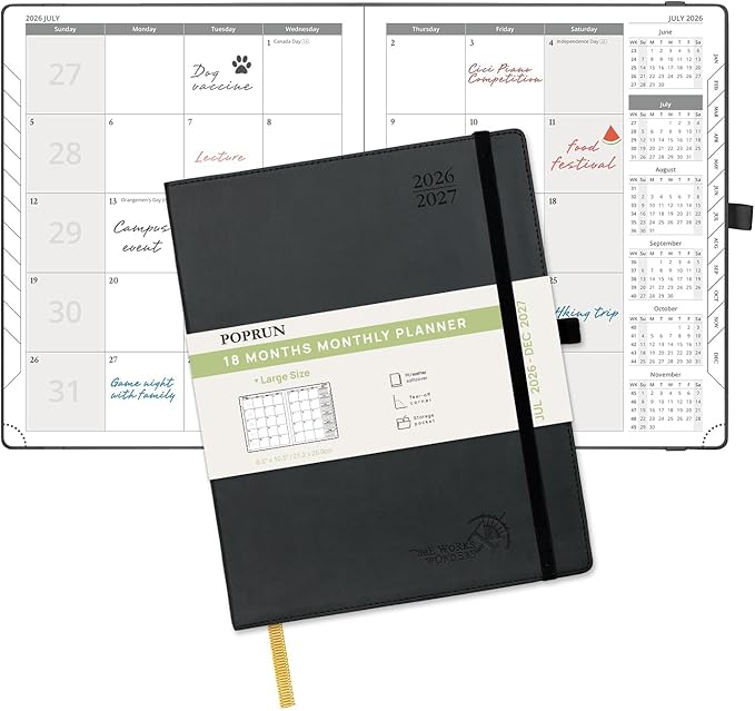 POPRUN Monthly Planner 2026-2027 (Large- 8.5" x 10.5" Soft Cover), 18-Month Calendar Book (Jul.2026-Dec.2027), Calendar Planner with Monthly Tabs & Pocket, 100 GSM Paper - Black