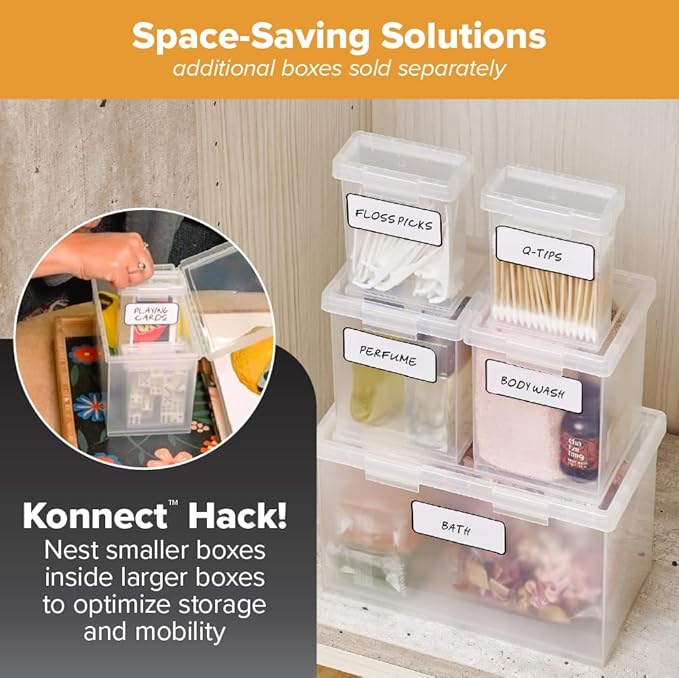 Bostitch Konnect Storage Containers with Lids, Clear Plastic Box, Stackable for Crafts, Home and Office Orginzation, Labels. Small Storage Set (3 Piece: 1 × 1.5Qt, 2 × 0.5Qt)