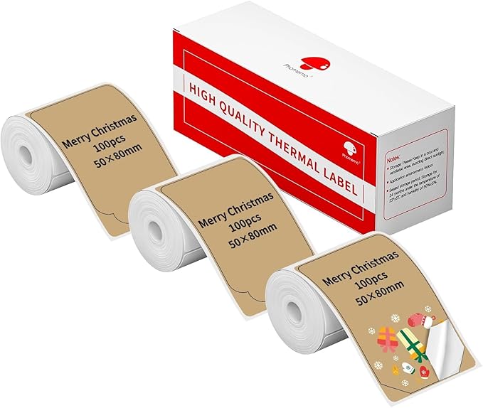Phomemo M110 Brown Chrismas Thermal Labels, 1.96" x 3.14" (50x80mm), Shaped Stickers Self Adhesive Label Compatible with M100/M110/M108 Label Maker Printer, 300pcs in 3 Rolls, Ideal for Gift