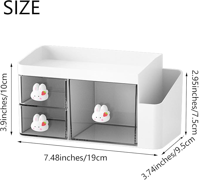 Desk Organizer with Pencil Holder and 3 Drawers, Desk Accessories Holder for Desk, Desktop Stationery Organizer for Office Home School Dressing Table(Rabbit Handle)