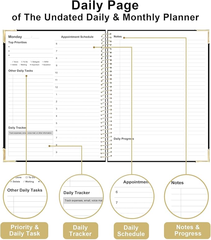 Undated Daily Monthly Planner for 2026 or Anytime - A4 To Do List with Hourly Schedule, Hardcover Spiral Bound Daily Planner to Increase Focus, Stylish School/Office Supplies, 8.5" x 11", Black