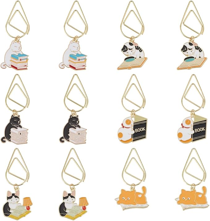 OLYCRAFT 12Pcs 6 Styles Paperclips 2.1~2.4 Inch Alloy Enamel Pendant Paperclip Metal Paper Clip Book Cat Pendant Creative Paperclip Bookmark Paperclips for Paper Document Sorting and Organizing