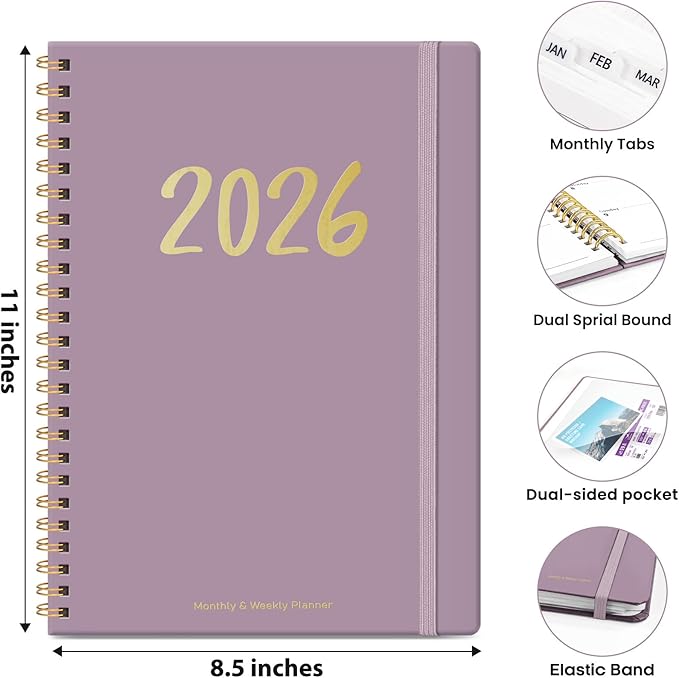 2026 Planner - Weekly and Monthly Planner, January 2026 to December 2026, Spiral Bound 2026 Calendar Planner Book, Inner Pocket, Perfect for Office Home School Supplies - A4 (8.5" x 11"), Purple