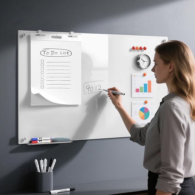 MaxGear Glass Whiteboard Tempered Magnetic Dry Erase Board 48 x 30 Inch Ultra White Frameless Wall Mounted, Office Classroom Conference Room Home Use, Includes Markers, Eraser, Magnets & Mounting Kit