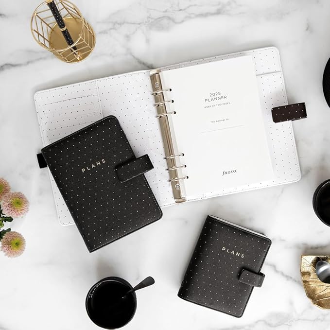 Filofax Moonlight Organizer, A5 Size, Black - Leather-Look, Gold Accents, Six Rings, Week-to-View Calendar Diary, Multilingual, 2025 (C022655-25)