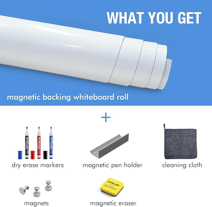 HOMiDEK Large Magnetic Backing Whiteboard: 36x48 Flexible Dry Erase Writting Sheet, Removable White Board for Fridge and Any Iron-containing Surface, Includes Markers, Magnets, Eraser, Cloth, Holder