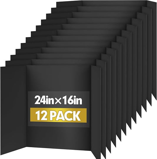 Trifold Poster Board,12 Pack 24" x 16" Black Corrugated Poster Boards,Display Board,Perfect for School Projects, Science Fairs, Event Displays, and Business Presentations