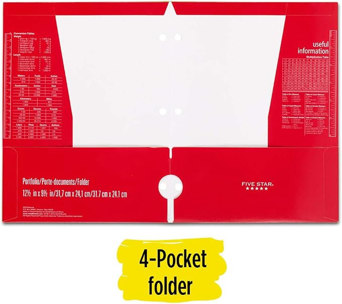 Five Star 4 Pocket Folder, 2 Pocket Folder Plus 2 Additional Pockets, Red (72089)