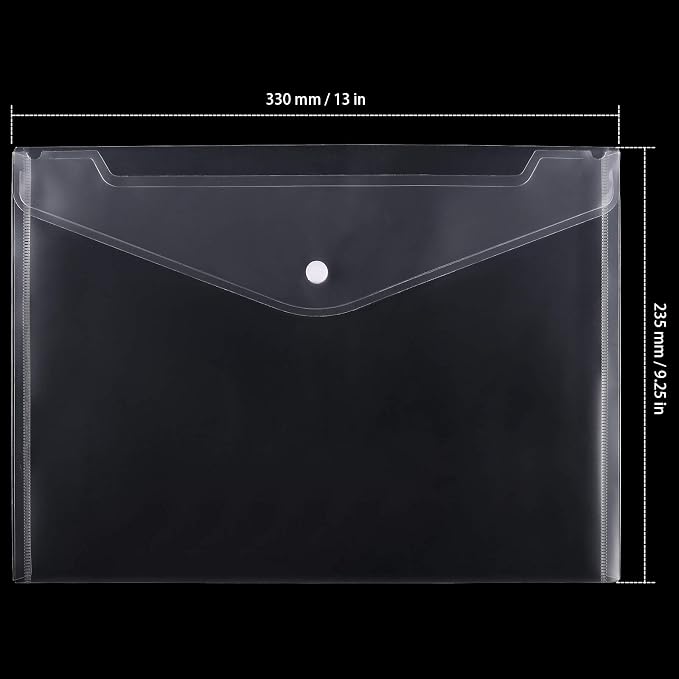 100 Pack Plastic Envelopes, 13x9 Inch Reusable Clear Polypropylene Envelope Folder with Snap Closure, A4 Size Envelope Waterproof File Folders for Home, Office Supplies