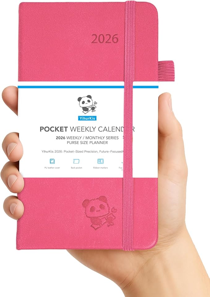 2026 Pocket Calendar by YihurKis - Weekly and Monthly Planner, 3.5'' x 6'', 2026 Purse Planner with Pen Holder, Leather Hard Cover, Inner Pocket For Men & Women - Pink
