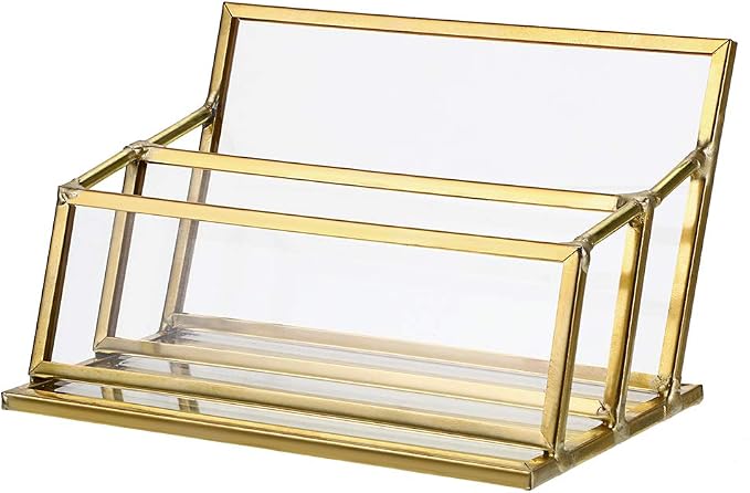 Hipiwe 2 Slots Glass Business Card Holder Stand - Gold Metal Frame Name Card Display Stand Business Name Card Organizer for Office Tabletop,Fits 80-100 Business Cards