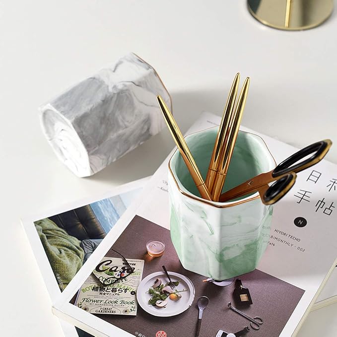 Pencil Holder, Pencil Cup for Desk, Makeup Brush Holder Cup, Cute Pencil Stand Marble Decorative for Kids Durable Ceramic Desk Organizer for Office, Classroom, Home, Green Marble