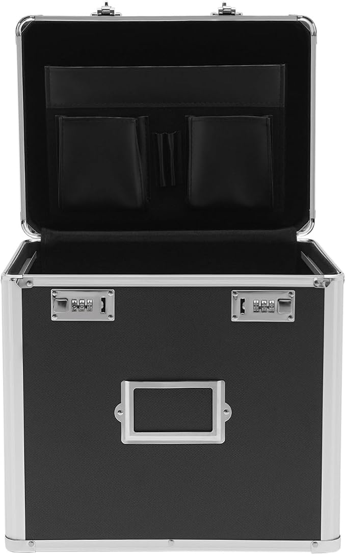 File Organizer Box, L13.8*D10*H13.4in Locking Document Storage Cabinet File Folder with Combination Locks & Handle, Portable Metal Filing Storage Box for Office Travel, Black