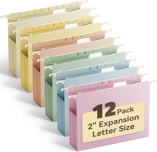 Ansook Hanging File Folders Letter Size, Plastic Hanging Folders for Filling Cabniet with 2" Expansion, 12 Pack Expandable Hanging File Organizers for Bulky Files, Medical Charts - Assorted Colors