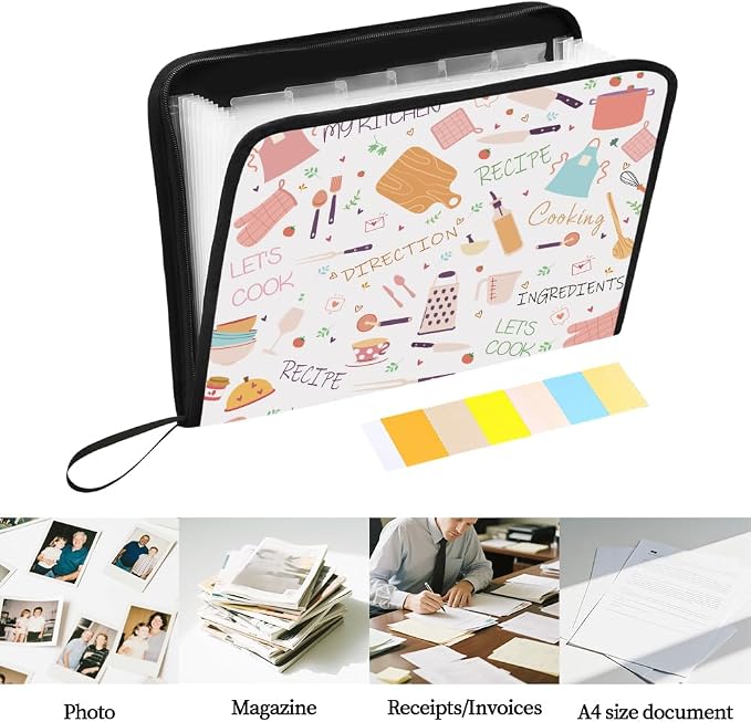 WEBEEDY Cooking Patterns Expanding File Folder 13 Pockets Kitchen Utensils Accordion Folder File Organizer with Labels and Zipper, Portable Document Organiser for A4 Paper Photo Receipt Paperwork