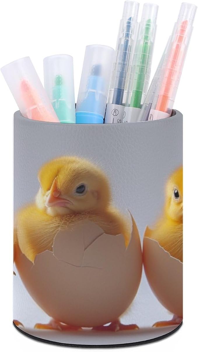 Lots of Chicks in Eggshells Pencil Holder Round Pen Cup Funny Animal PU Leather Marker Holder Makeup Brush Holders Desk Accessories Workspace Organizers for Home School Office