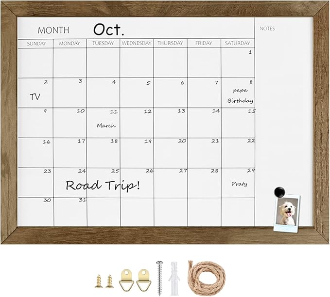 TORASO Dry Erase Monthly Calendar Board, Solid Pine Wood Frame Magnetic Whiteboard for Wall, Office/School/Home, Hanging Board 12"x 16"(YL-RB-3040-A)