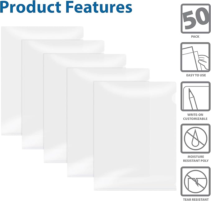 Better Office Products Poly Project Pockets, Jacket Sleeves, 50 Pack, Project Folder File Jackets, Clear, Letter Size, 9" x 11.5", 50 Pack