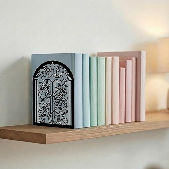 Bookends for Shelves, 2 Pcs Rose Flower Sword Design Book Ends Metal Decorative Bookends for Home Office and Library, Black