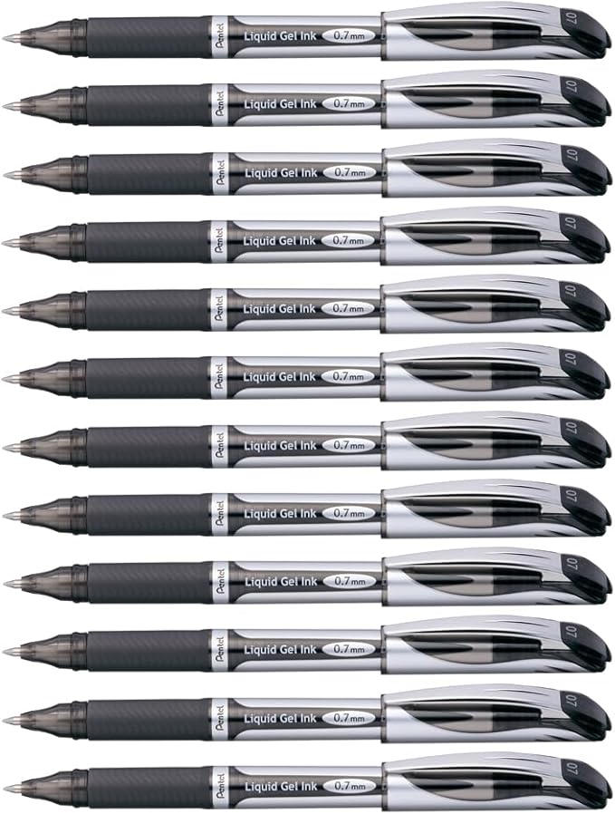 Pentel EnerGel Deluxe Liquid Gel Pen, Medium Line, Metal Tip, Black Ink, Box of 12 (BL57-A)