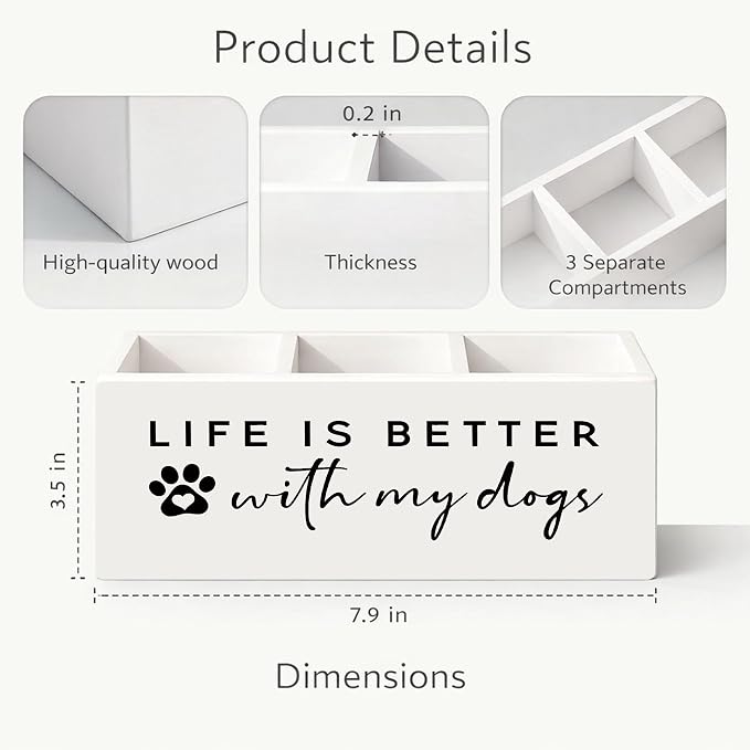 Life Is Better With My Dogs Desk Organizer, 3-Compartment Wooden Pencil Holder for Pens, Pencils, Scissors & Ruler, Cute Dog Quote Storage Box for Kids, Home & Office