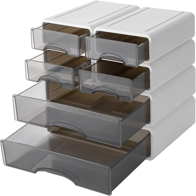 6 Pcs Desk Organizer Office Storage Box with 6 Drawers Plastic Drawers Organizer Stackable Storage Drawers for Office Supplies, Pencils, Markers, Tape, Erasers, Paperclips, White