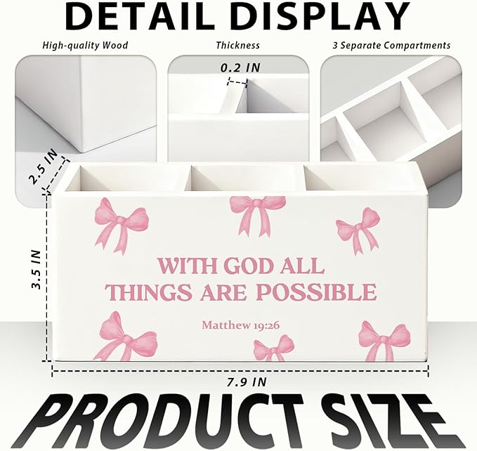 Coquette Pink Bow Christian Pen Pencil Holder for Desk, Christian Gifts for Women, With God All Things Are Possible Wooden Box Sign Decorations for Girly Room Bedroom Dorm Office Desk Tabletop