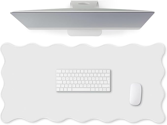Hahafelt Scalloped Desk Mat Large Desk Pad Cute Coquette Table Mat Back to School Preppy Table Make up Pad Nonslip Graduation Gift with Stitching Waterproof Gaming(White,31.5 x 15.8 Inches)