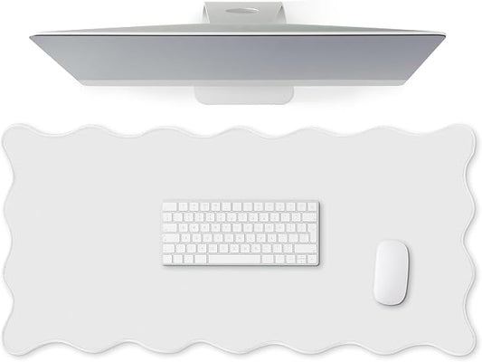 Hahafelt Scalloped Desk Mat Large Desk Pad Cute Coquette Table Mat Back to School Preppy Table Make up Pad Nonslip Graduation Gift with Stitching Waterproof Gaming(White,31.5 x 15.8 Inches)