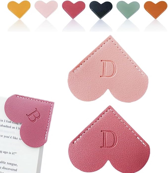 Personalized Leather Heart Bookmark, 26 Letters Customized Corner Book Mark for Reading Women, Book Marker with Initials，Cute Gifts (Light Pink+Deep Pink, D)