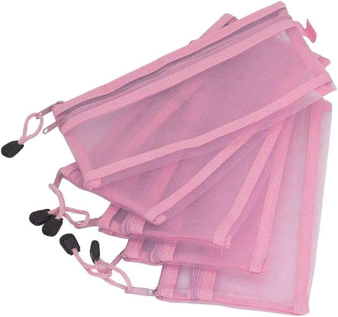 10Pcs Double Layer Mesh File Pouches – Nylon Zipper Bags for A6 Paper Storage, Organize Office Supplies Cosmetics Travel 20.5 x 12 cm(Pink)