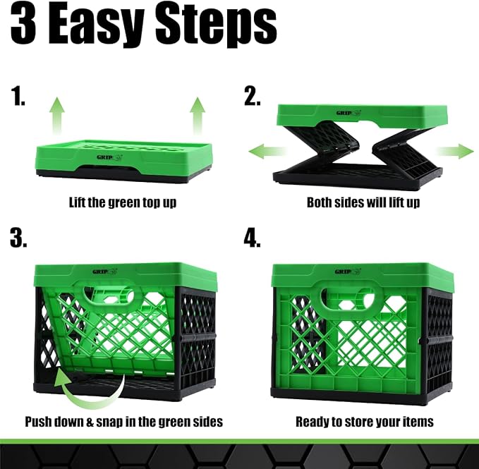Grip Folding Stackable Storage Bin, Grn, 6 Gallon - Dimensions: 13" x 13" x 11" - Milk Crate - Capacity: 50 lbs - Heavy Duty Plastic - Collapsible Crate for Sporting Goods, Toys, Pool Toys, Files