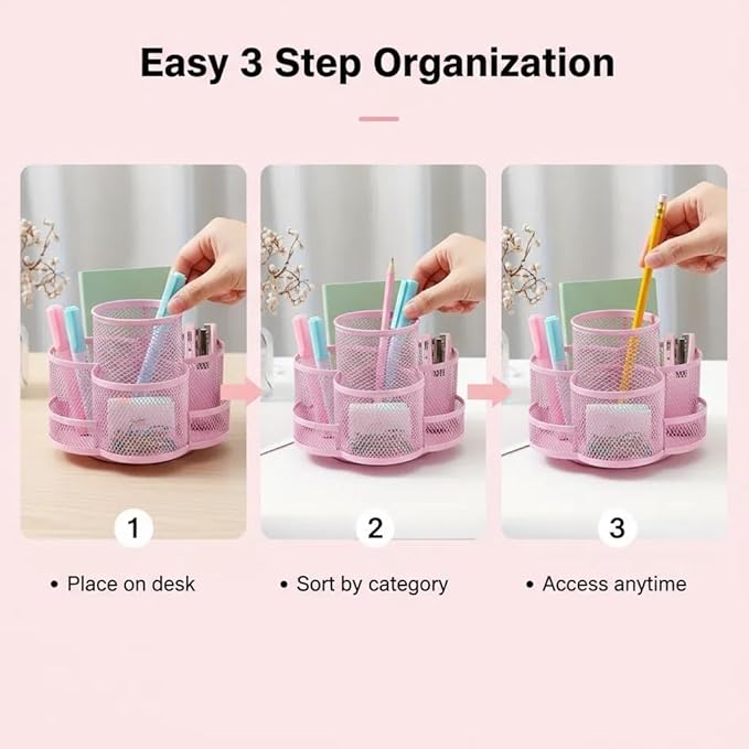 Grid Desktop Storage Box, 7-Compartment Individual Storage Boxes, Rotatable, Metal Material, 6.89 inches wide, 3.94 inches high (Pink)