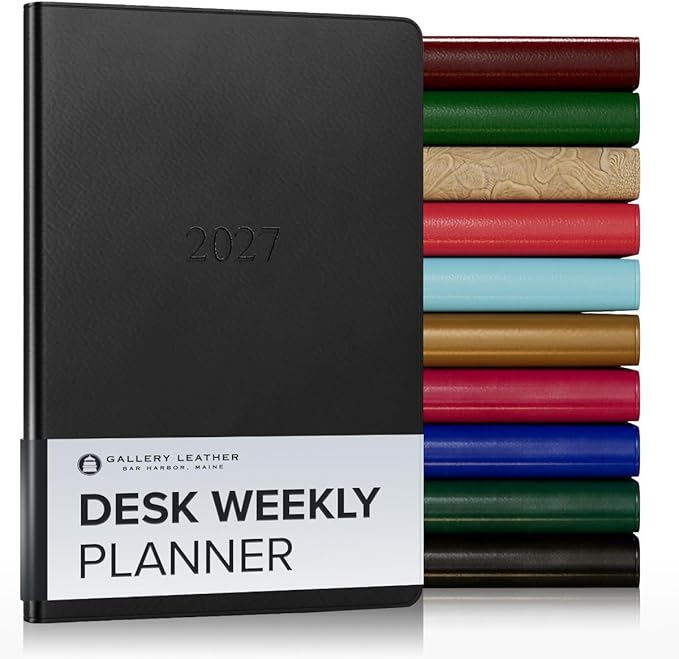 Gallery Leather Desk Weekly Monthly Planner 2027, Elegantly Bound Calendar Planner and Notebook with Stylish Gold-Gilded Page Edges, 12 Months - Freeport Black - 8x5.5"