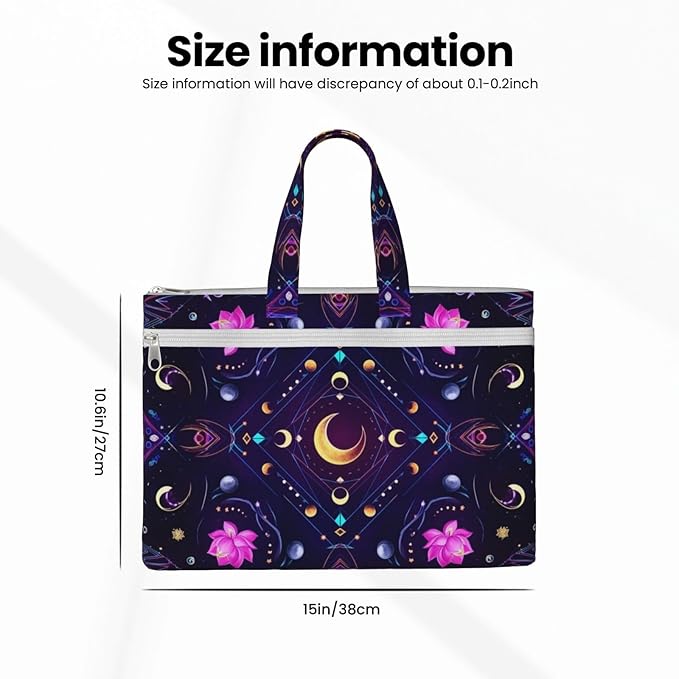 Double Pocket Canvas Waterproof Briefcase, Sacred Symbols Sun Moon Trippy Purple Art Portable Zipper File Organizer with Handle for Documents Storage