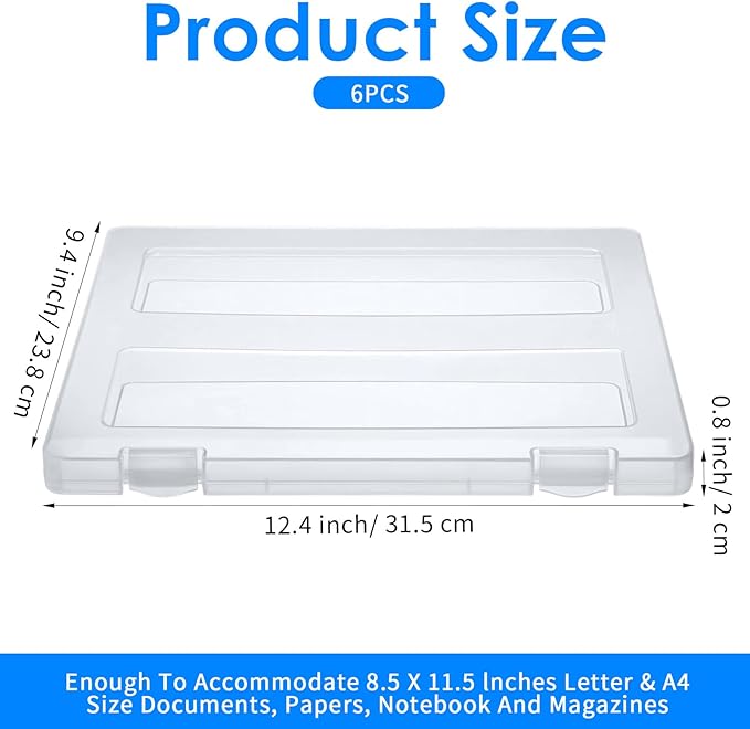 6 Pcs Clear A4 File Portable Project Case, Plastic Storage Box for 8.5" x 11" Letter Paper, Scrapbook Paper Storage Boxes Documents Magazines Holder, File Boxes