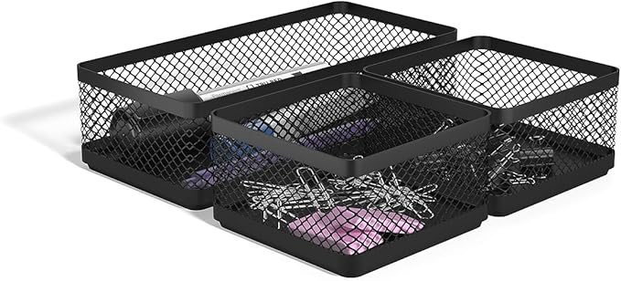 TRU RED Stackable Wire Mesh Desk Organizer, 3‑Compartment – Desktop Storage for Office Supplies & Accessories