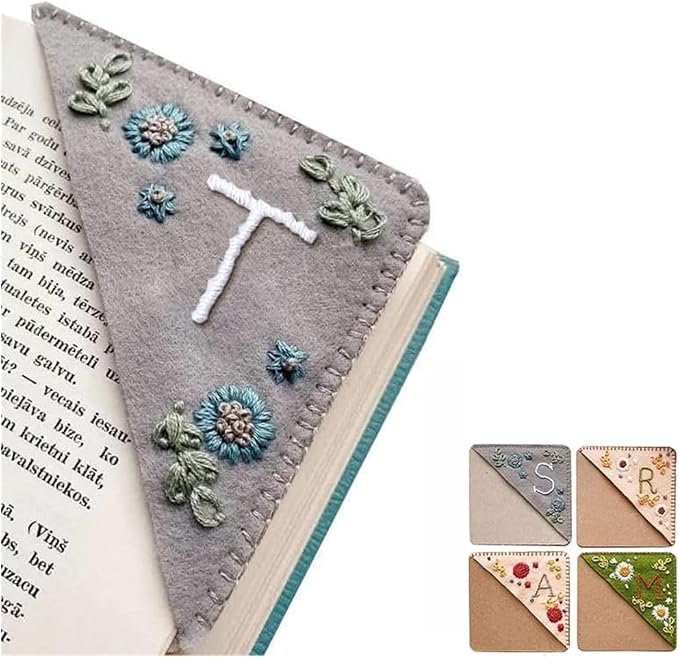 Personalized Hand Embroidered Corner Bookmark, 26 Letters Cute Flower Embroidered Corner Bookmark Embroidery Book Marker Clip for Book Lovers Bookmarks for Reading Lovers Meaningful GIF (Winter, T)